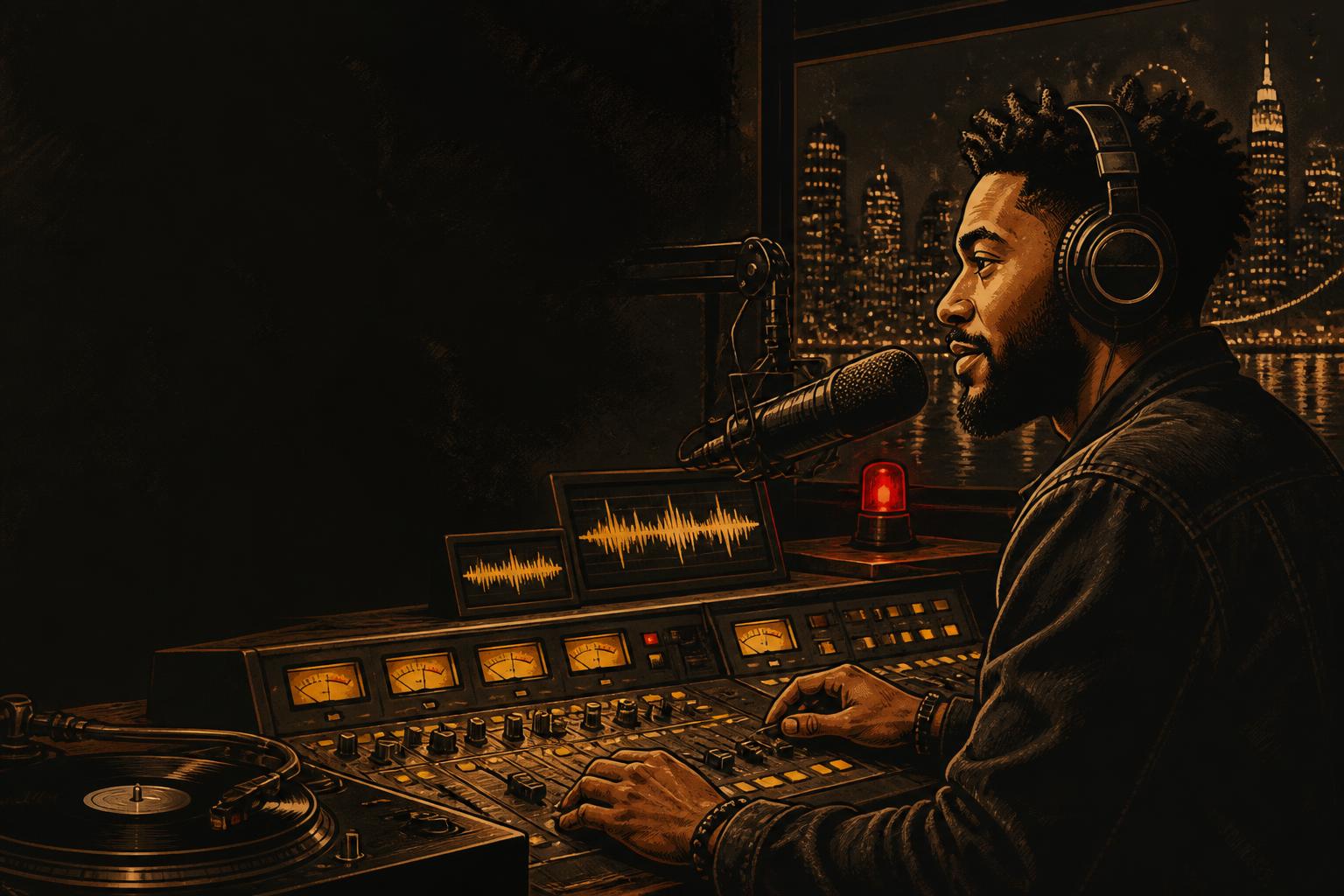 Radio host operating a tactile broadcast console